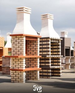 Churrasqueiras tradicionais com tijolos, Barbecues, com variações na cor dos tijolos, exposição e vendas junto à Fabrica de Churrasqueiras